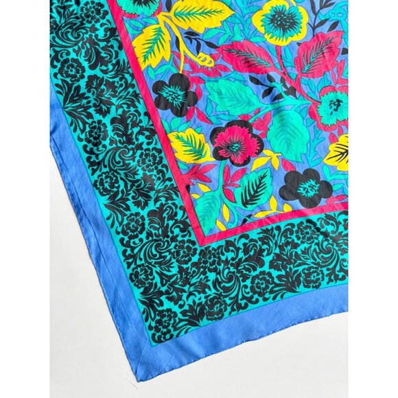 Vintage Unbranded Blue Green Tropical Floral Silk Habotai 31" x 31" Square Scarf - Picture 6 of 14